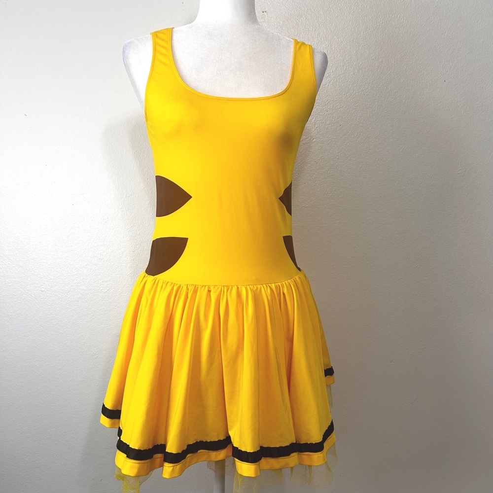 Pikachu Costume Dress Women's S Yellow Sleeveless Cosplay with Tail 
Halloween